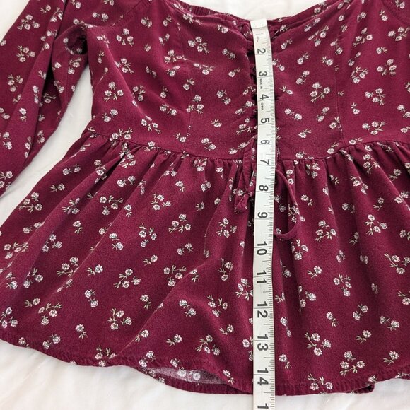 AEROPOSTALE Top Women's S Burgundy Floral Corset Babydoll Pullover Long Sleeve - Picture 13 of 16